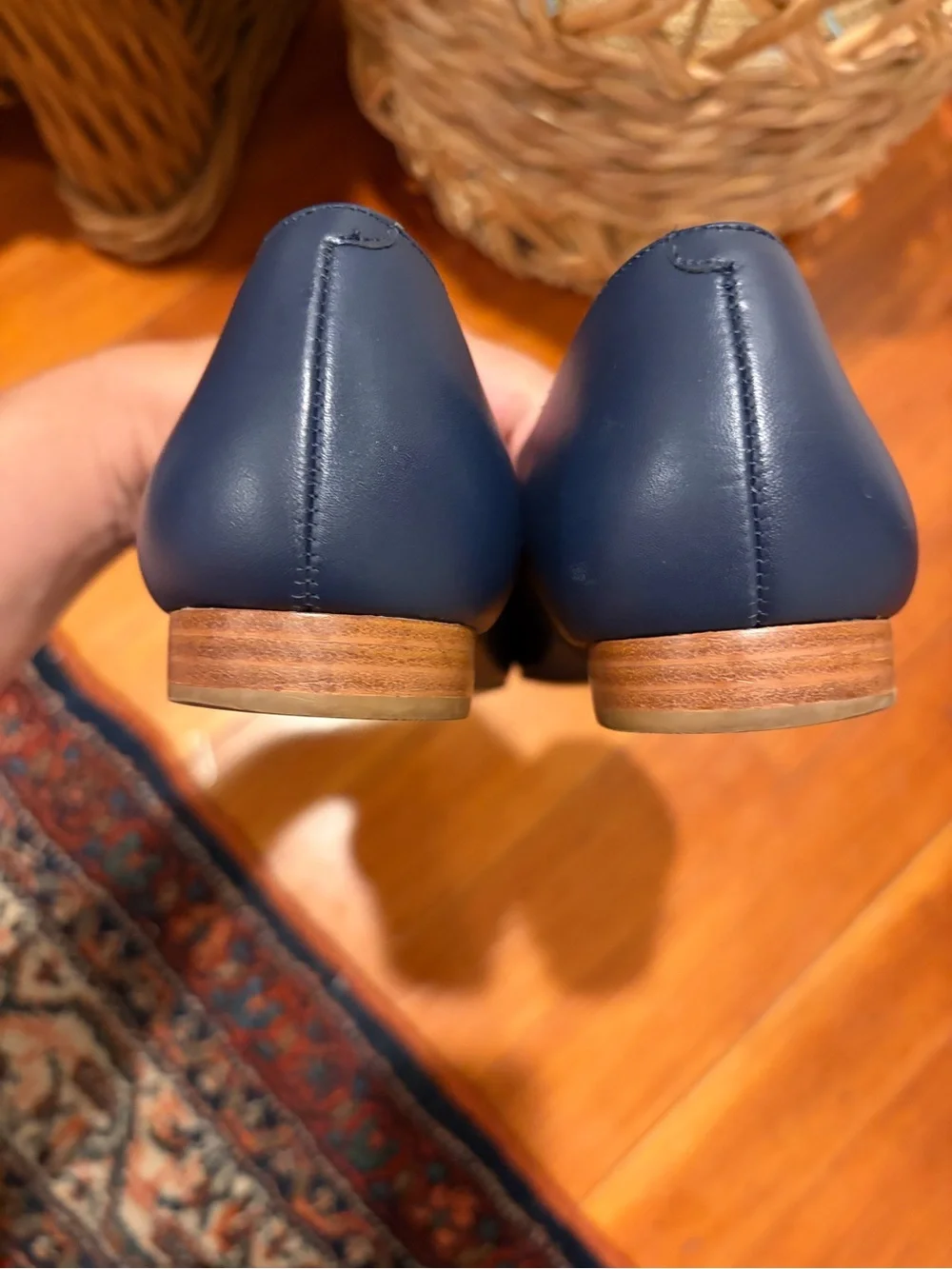 Talbots Navy Pointed-Toe Flats with Striped Ribbon and Gold Buckle